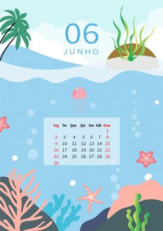 a calendar with an ocean scene and corals