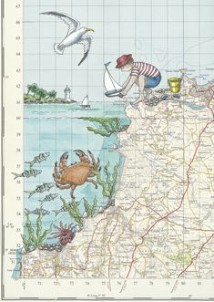 a drawing of a man on top of a map with sea animals and birds around him