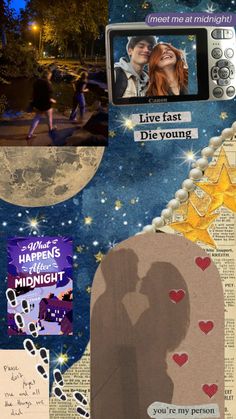 altered collage with images and words about love, life, and the moon in it