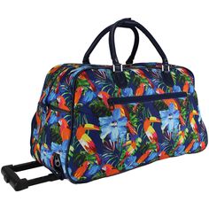 Upgrade your travel experience with the World Traveler 21-inch Rolling Duffel Bag. Whether you're a frequent flyer, weekend adventurer, or simply need a stylish and practical bag for your travels, this duffel has got you covered. Make a statement with your luggage, and let your wanderlust take flight. This Foam backed 600 Denier Polyester bag features two smooth rolling wheels, a telescopic handle for easy maneuverability, a removable and adjustable shoulder strap to carry it over your shoulder, one spacious front and rear zipper pocket, two convenient top carry handles for easy lifting, and sturdy bottom feet that keep it stable and protect it from harsh surfaces.. Durable 600 Denier Polyester construction, Dimensions:21" L x 11" W x 12" H - 4.8 lbs, Color:Parrot Hibiscus, Material:Polyes Casual Rectangular Luggage For Weekend Trips, Casual Luggage With Sleeve For Trip, Casual Rectangular Travel Luggage, Casual Travel Bag With Luggage Sleeve For Trips, Blue Canvas Travel Bag, Multicolor Travel Bag With Luggage Sleeve For Trip, Multicolor Travel Bag With Luggage Sleeve, Multicolor Travel Accessories With Luggage Sleeve For Overnight Trips, Rectangular Luggage With Sleeve For Vacation