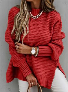 Half Turtleneck Solid Split Sweater Split Sweater, Chique Outfit, Pullover Mode, Solid Sweaters, Winter Pullover, Lace Sweater, Chic Casual, Red Sweater, Sweater Material