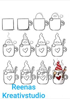 coffee mugs with hearts drawn on them and the words renas kreaatistudi