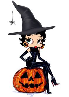 a cartoon witch sitting on top of a pumpkin