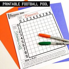 a printable football pool game with markers and pens on it next to two sheets of paper