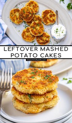 leftover mashed potato cakes on a white plate