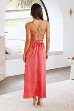 Length from shoulder to hem of size S: 132cm. Maxi dress. Lined bust. Cold hand wash only. Model is a standard XS and is wearing size XS. True to size. Lightweight, non-stretchy satin fabric. Inbuilt bust cups. Tie-up back detail. Invisible back zipper. Polyester. Make A Bed Of Roses with all of the gorg moments in your life, and we have the perf maxi that'll stay by your side while you make those unforgettable moments. Featuring a padded bust, a cowl neckline, an open back and a dramatic side slit.Style yours with mules and gold jewellery. Satin Spaghetti Strap Vacation Dress, Satin Spaghetti Strap Dress For Vacation, Satin Dress With Spaghetti Straps For Vacation, Summer Satin Maxi Dress With Tie Back, Summer Satin Dress With Ruched Detail, Summer Ruched Satin Dress, Pink Satin Tie-back Dress, Pink Backless Satin Dress For Summer, Pink Satin Dress With Tie Back