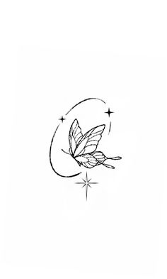 a black and white drawing of a bird flying in the sky with stars around it