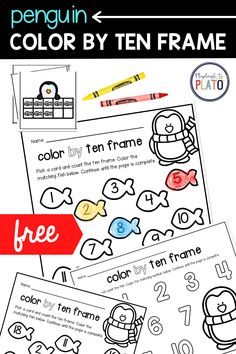 the penguin color by ten frame is shown on top of a pile of coloring pages