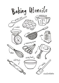 a black and white drawing of baking utensils with words describing the different types of cooking utensils