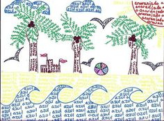 a drawing with words and palm trees on it