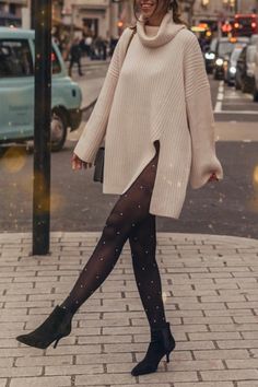 Sweater Dress Stockings Outfit, Jumper Dress With Tights, Sweater Dress With Stockings Outfit, Black Tights Sweater Dress, Pearl Tights Outfit, Stocking Winter Outfits, Black Tights Office Outfit, Sweater Dresses With Tights, Dress And Stockings Outfit Winter