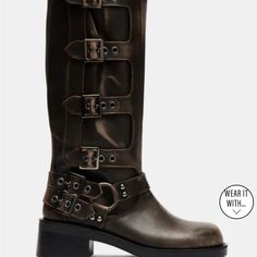 Steve Madden Buckle Boots Steampunk Boots With Rivets For Fall, Steampunk Leather Boots For Fall, Designer Moto Boots With Buckle Closure For Fall, Brown Steampunk Boots For Fall, Steampunk Brown Boots For Fall, Designer Moto Boots With Leather Sole For Fall, Steve Madden Boots, Buckle Boots, Women's Boots