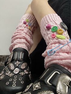 Handmade Buttons and Pins Decorated Pink Cotton Leg Warmers Crochet Leg Warmers, Handmade Buttons, Upcycle Clothes Diy, Freeform Crochet, Diy Crochet Projects, Cool Fits, Really Cute Outfits, Upcycle Clothes, Pink Cotton