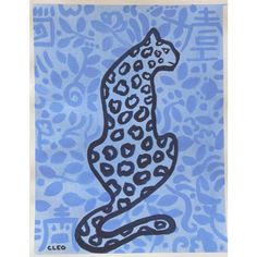 a blue and black drawing of a cheetah sitting on top of it's tail