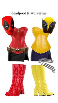 the deadpool and wolverine cosplay costume is shown in four different colors, including red