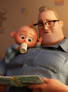 a man holding a baby in his arms and reading a book to another person who is wearing glasses