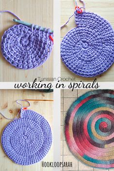 crocheted round rugs in different colors and sizes with text overlay that reads, the instant crochet working in spirals