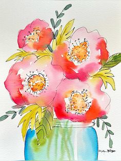 a watercolor painting of flowers in a vase