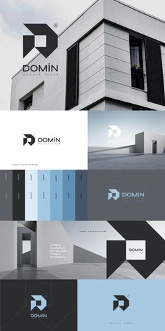 the logo design for domin is shown in black and white, with blue accents