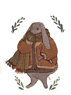 a drawing of a rabbit wearing a coat and scarf