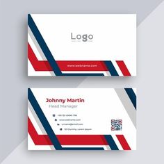 a business card with red, white and blue stripes on the bottom half of it