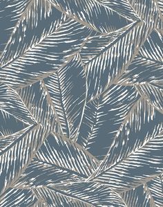 a blue and white wallpaper with silver leaves on the back ground, in an abstract pattern