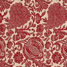 a red and white wallpaper with floral designs