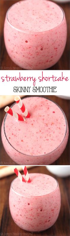 strawberry shortcake smoothie in a glass bowl with strawberries on the rim, and two pictures showing how to make it