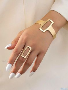 OrcaJump - Minimalist Geometric Irregular Hollow Out Square Bangle and Ring Set, 2 Pieces Season Activity, Seasons Activities, Metal Style, Pattern Geometric, Ring Set, Ring Sets, Bangles, Square, Ring