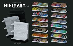 an assortment of minimart candy stands and shelves