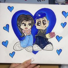 a drawing of two people sitting next to each other on a canvas with hearts around them