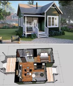 two pictures of small houses with porches and living room in the middle, one has stairs leading up to the second floor