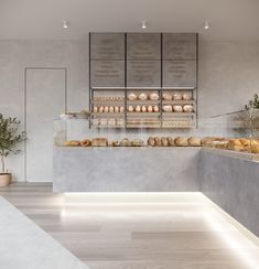 a bakery with breads and pastries on display