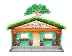 an image of a small house with grass on the roof and trees growing out of it