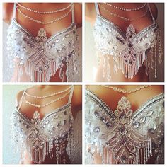 the back of a woman's bra with beads and chains on it, in multiple pictures