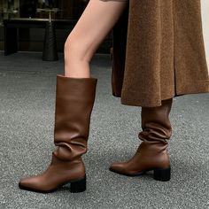 JOZHAMTA Size 33-40 Women Ruched Knee Boots Genuine Leather Wide Calf Chunky Heels Shoes Fall Winter Shoes Fall, 40 Women, Chunky Heel Shoes, Wide Calf, Long Boots, Fall Shoes, Heels Shoes, Tall Boots, Chunky Heel