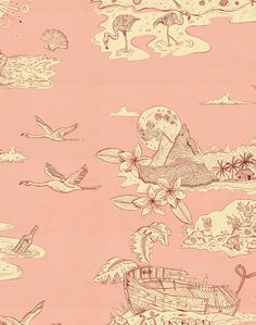 a pink wallpaper with an image of birds and boats in the water on it