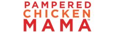 the pampered chicken mama logo is shown in red and orange on a white background