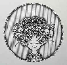 a black and white drawing of a girl with flowers in her hair