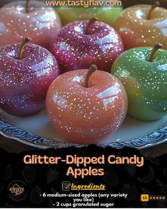 an advertisement for glitter - dipped candy apples on a plate