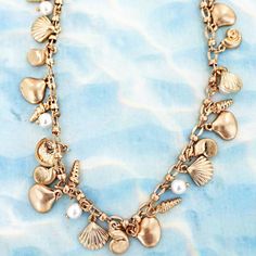 Nwt: Gold Tone Clam & Scallop Shells, With White Pearls On Gold Tone Chain, 19" Long, Lobster Clasp, Very Small 1/2" Shells. Summer Beach Metal Necklace, Pearl Charm Necklace, Charms Necklace, Scallop Shells, Clam Shell, Pearl Charms, Nautilus, Pearl White, Lobster Clasp