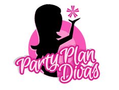 the party plan divas logo is pink and has a silhouette of a woman holding a sparkler