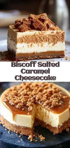 two pictures of different types of cheesecakes with chocolate sauce and caramel on top