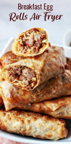 breakfast egg rolls are stacked on top of each other