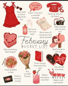 a valentine's day bucket list with pink and red things to include in it