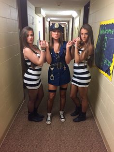 three girls dressed up in costumes standing in a hallway with the caption'60 + awesome girlfriend group costume ideas article written below