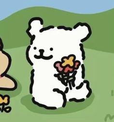 a cartoon bear holding a flower next to another bear with flowers in its mouth and on the ground