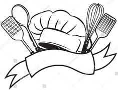 a chef's hat with utensils and a ribbon on the white background