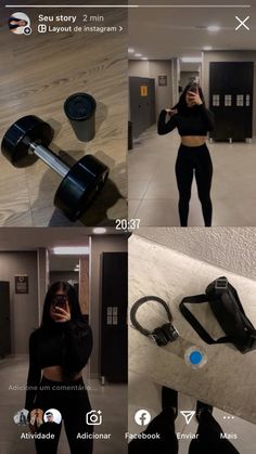 a woman taking a selfie with her cell phone and gym gear on the floor