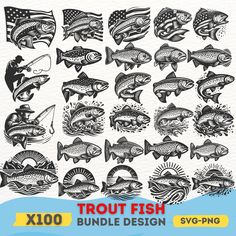 a large collection of fish with different designs